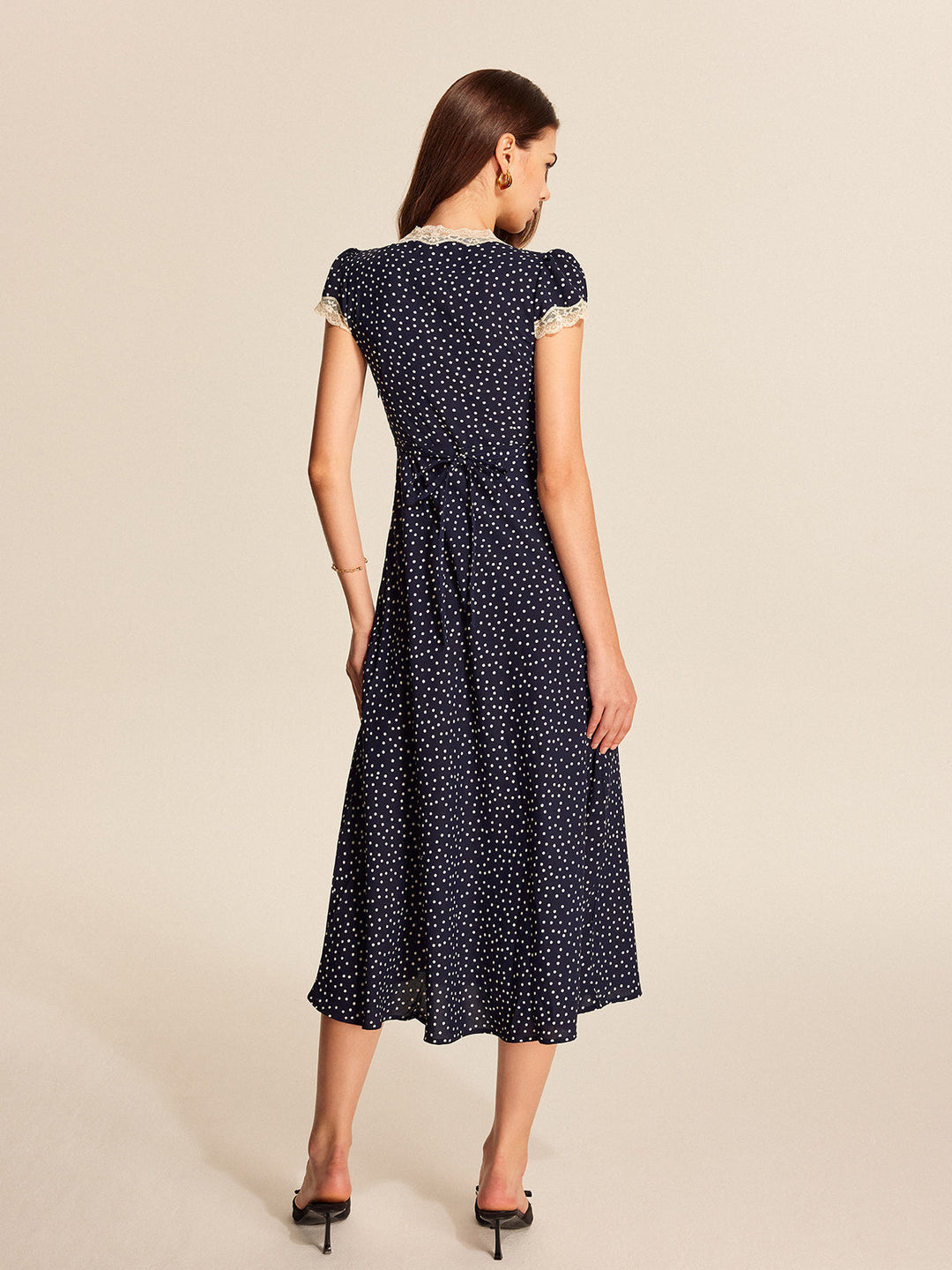 Polka Dot Midi Dress Womens - Lace Trim V-Neck Cap Sleeve Colette - Heston Manor