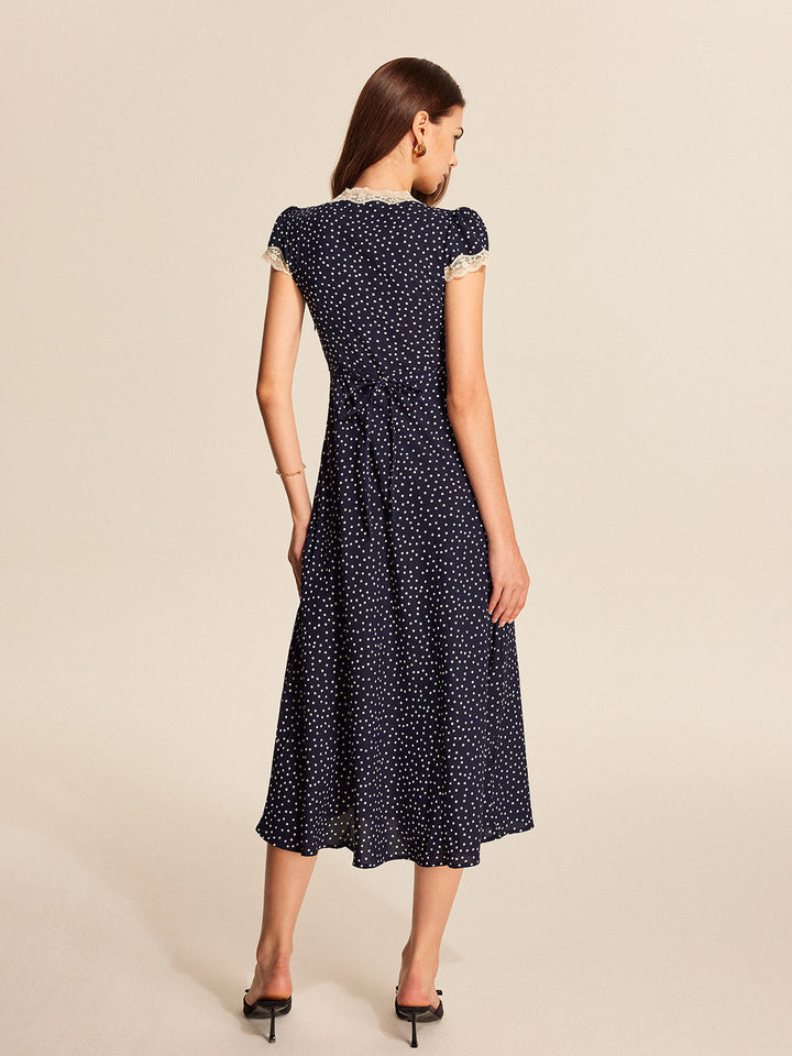 Polka Dot Midi Dress Womens - Lace Trim V-Neck Cap Sleeve Colette - Heston Manor