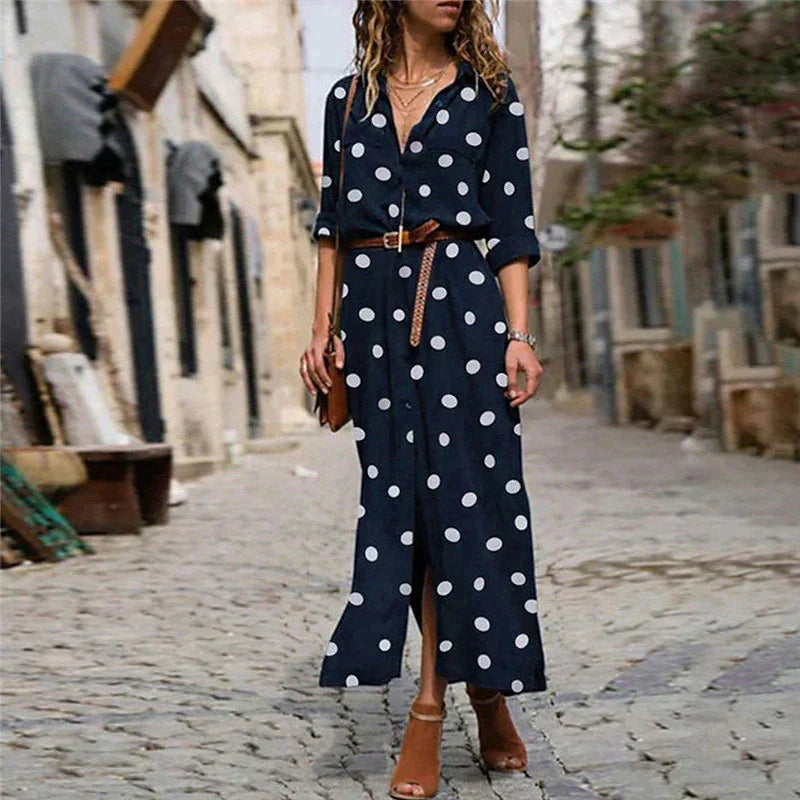 Polka Dot Maxi Dress Womens - Button-Down Long Sleeve with Waist Tie Merrill - Heston Manor