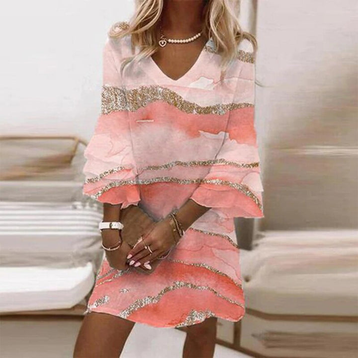 V-Neck Mini Dress Womens - Flare Sleeve Marble Print Sovine - Heston Manor