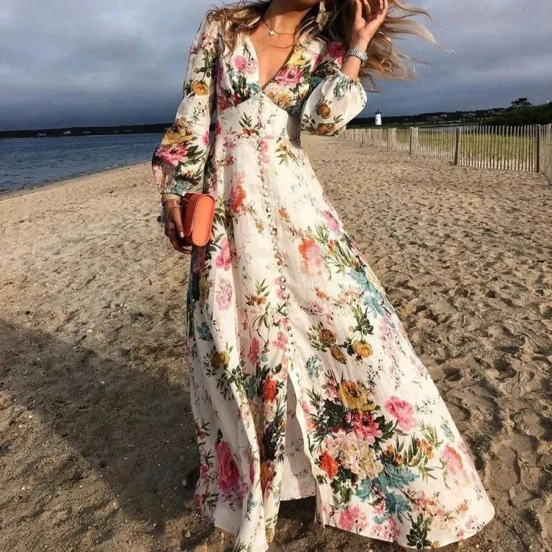 Floral Maxi Dress Womens - Long Sleeve Boho Beachwear Eloria - Heston Manor