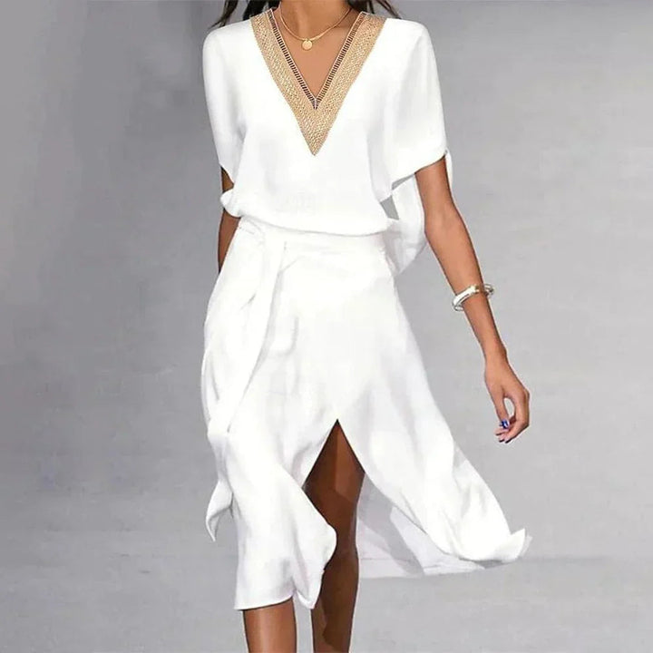 White Midi Dress Womens - Gold-Trim V-Neck Eleganza - Heston Manor