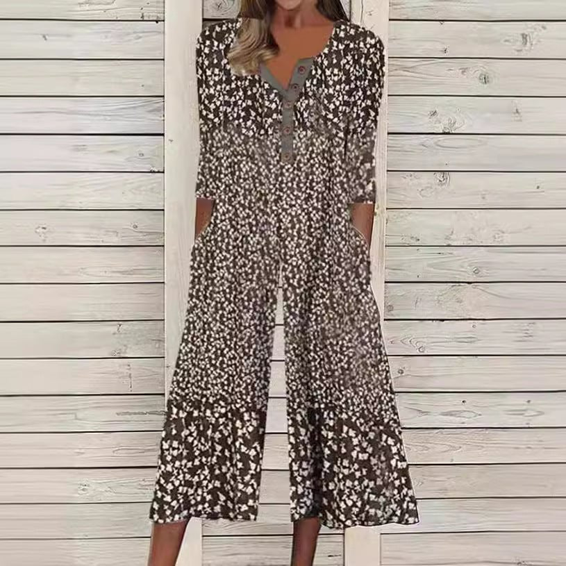 Leaf Print Jumpsuit Womens - V-Neck Cropped Wide Leg One-Piece BreezyFleur - Heston Manor