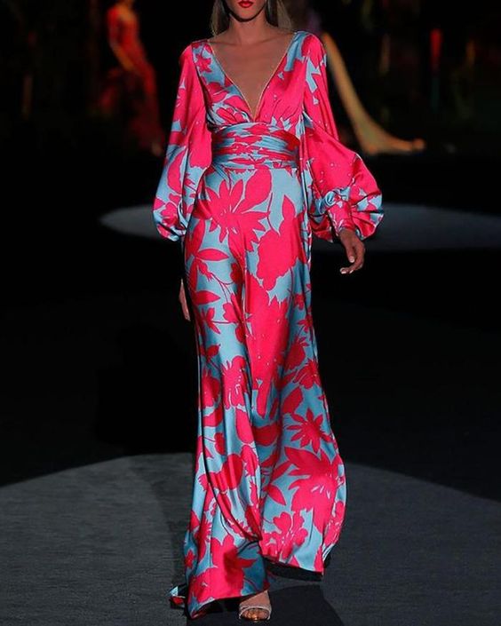 Floral Satin Maxi Dress Womens - V-Neck Puff Sleeve Formal Wear Sestina - Heston Manor