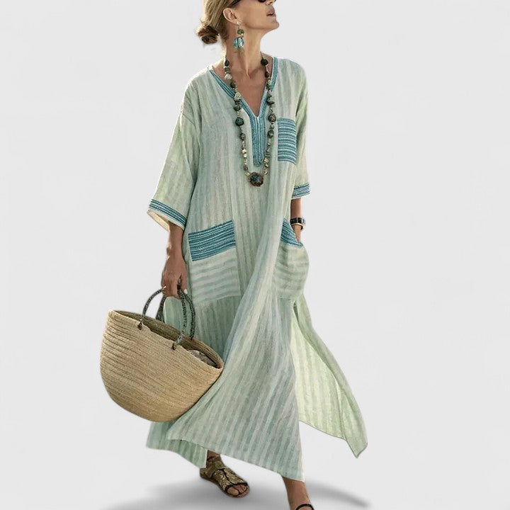 Linen Maxi Dress Womens - Striped Boho V-Neck with Pockets Zarina - Heston Manor