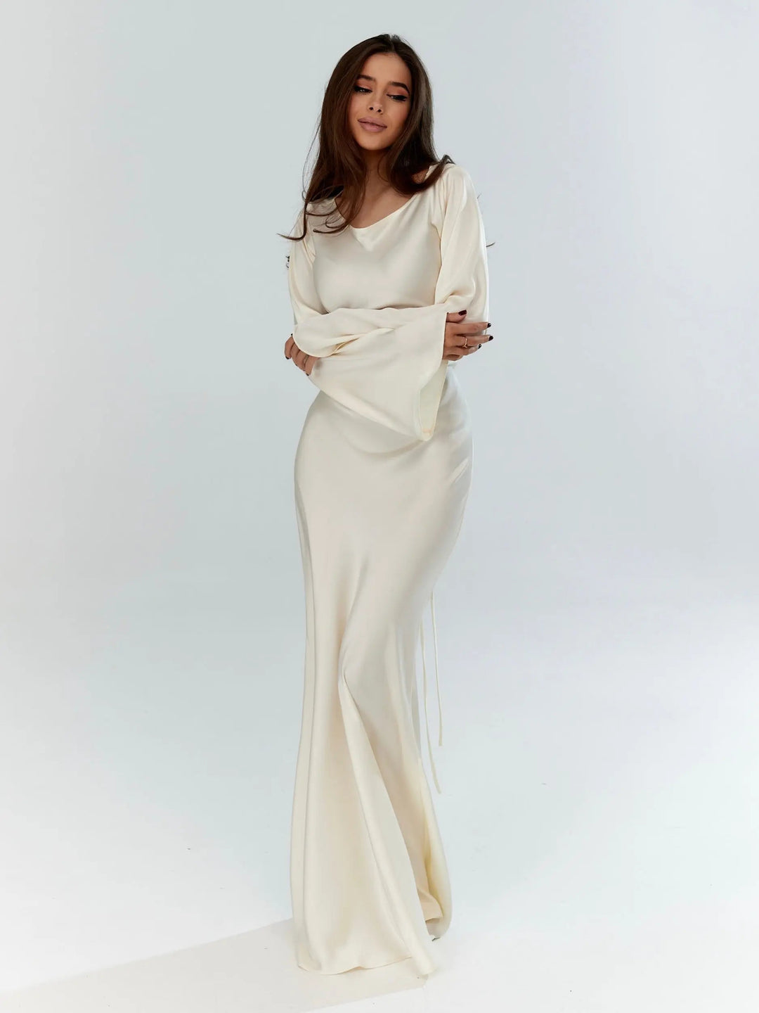 Satin Maxi Dress Womens - Formal Long Sleeve Gown Seraphina - Heston Manor