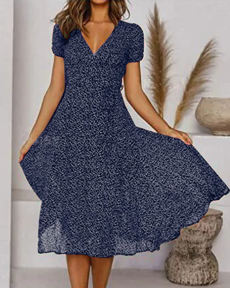V-Neck Midi Dress Womens - Short Sleeve Printed Summer Wear Livelle - Heston Manor