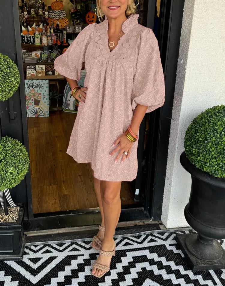 Puff Sleeve Mini Dress Womens - Ruffled V-Neck Babydoll Magenta Zyla - Heston Manor