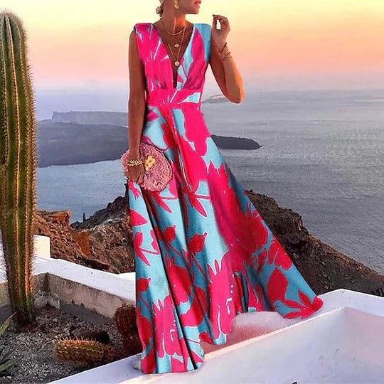 Floral Maxi Dress Womens - Tropical Deep V-Neck Vacation Attire Solara - Heston Manor