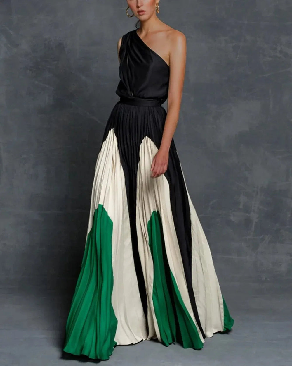 One-Shoulder Maxi Dress Womens - Color Block Pleated Elegance Vivara - Heston Manor