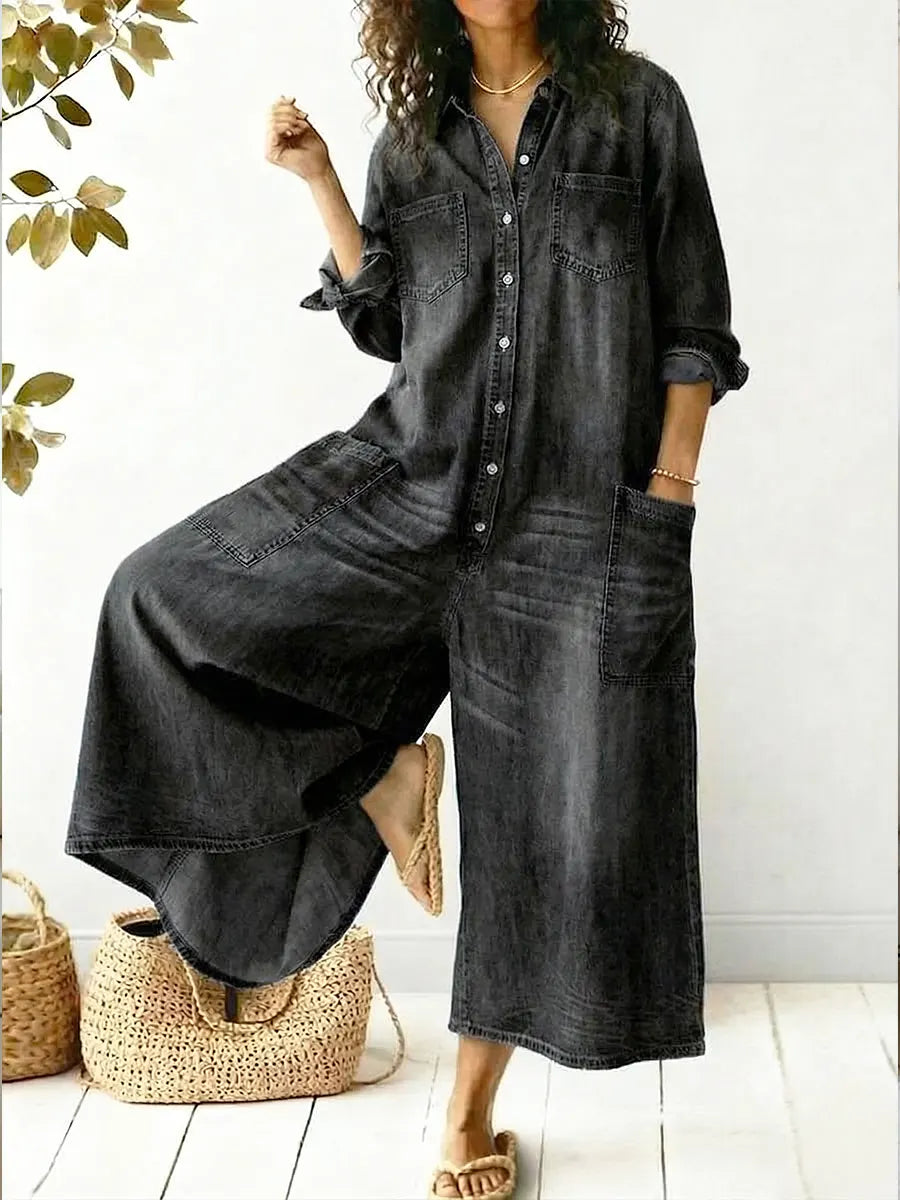 Denim Jumpsuit Womens - Wide Leg Long Sleeve One-Piece Jealyn - Heston Manor