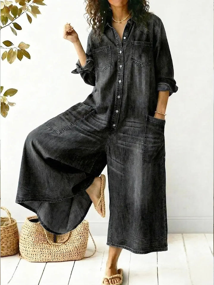 Denim Jumpsuit Womens - Wide Leg Long Sleeve One-Piece Jealyn - Heston Manor