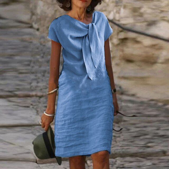 Bow Neck Midi Dress Womens - Elegant Short Sleeve Brunch Outfit Celestine - Heston Manor