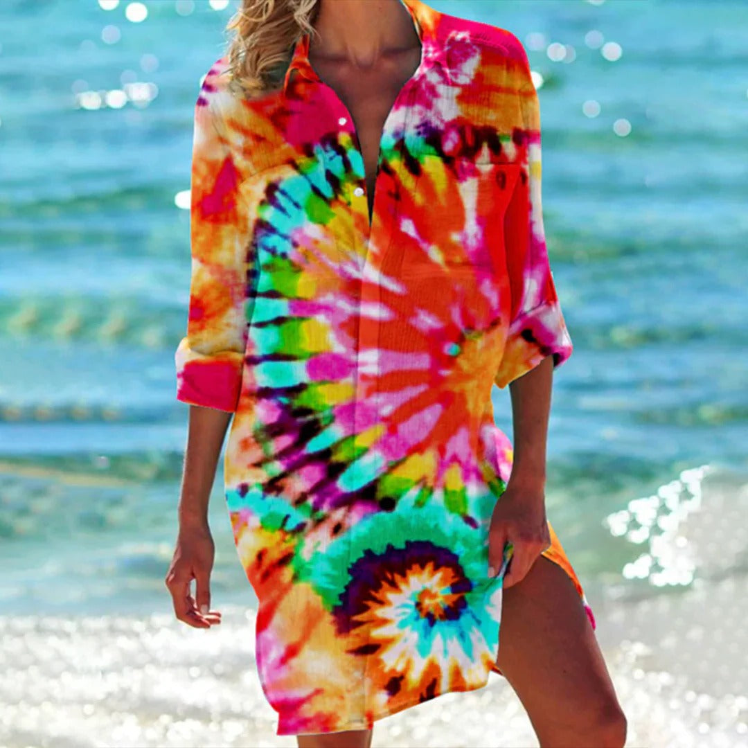 Tropical Print Shirt Dress Womens - Beach Cover-Up 3/4 Sleeve BreezeCoral - Heston Manor