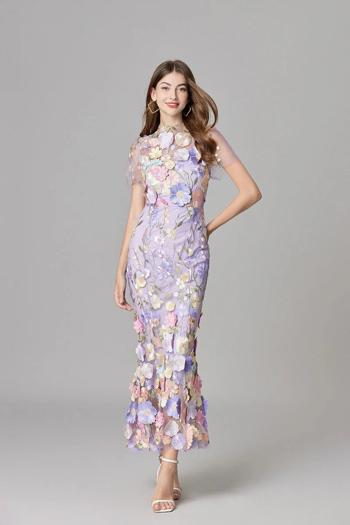 Floral Appliqué Maxi Dress Womens - 3D Sculptural Detail - Aurelia - Heston Manor