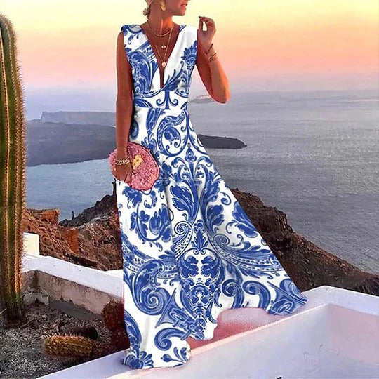Floral Maxi Dress Womens - Tropical Deep V-Neck Vacation Attire Solara - Heston Manor