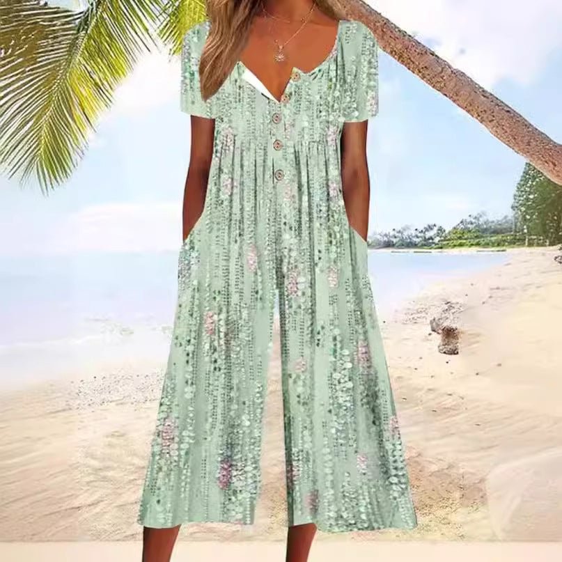 Leaf Print Jumpsuit Womens - V-Neck Cropped Wide Leg One-Piece BreezyFleur - Heston Manor