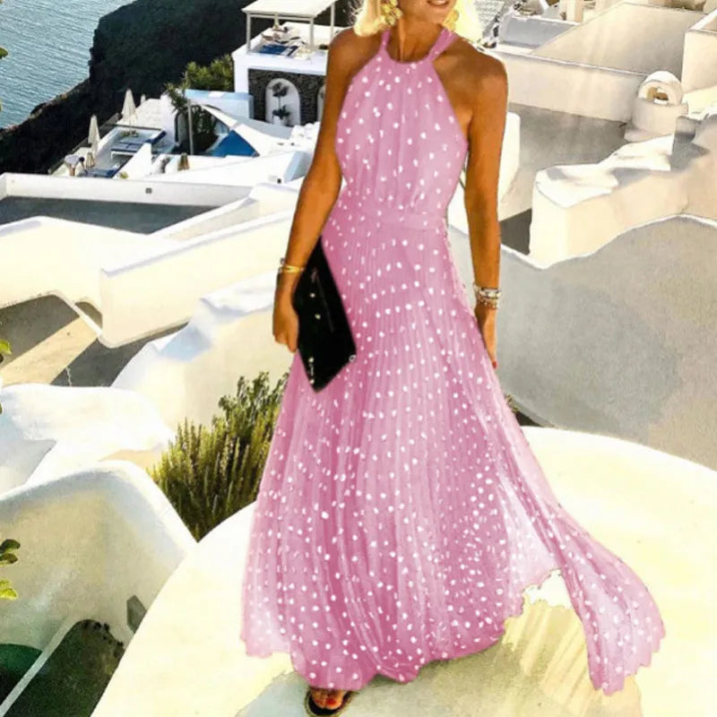 Halter Neck Maxi Dress Womens - Boho Print Pleated Vacation Apparel Zorina - Heston Manor