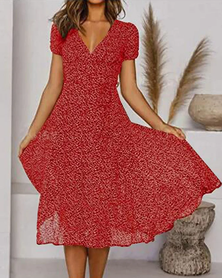 V-Neck Midi Dress Womens - Short Sleeve Printed Summer Wear Livelle - Heston Manor