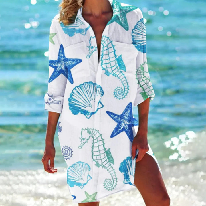 Tropical Print Shirt Dress Womens - Beach Cover-Up 3/4 Sleeve BreezeCoral - Heston Manor