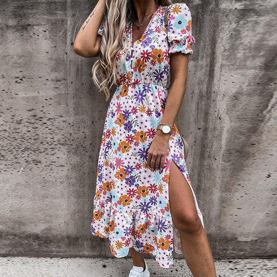 Floral Midi Dress Womens - V-Neck Smocked Waist Summer Poplina - Heston Manor