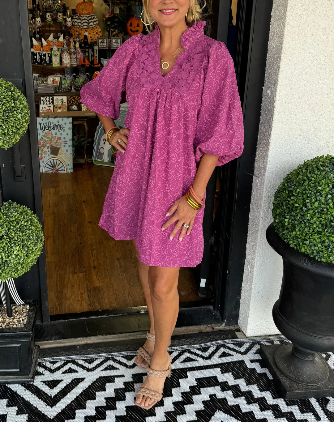 Puff Sleeve Mini Dress Womens - Ruffled V-Neck Babydoll Magenta Zyla - Heston Manor