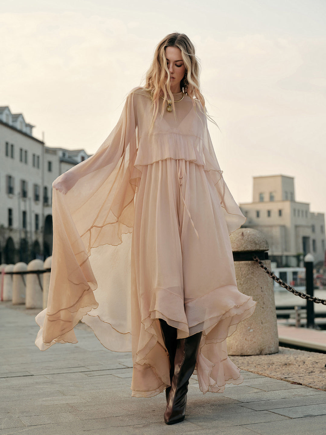 Chiffon Maxi Dress Womens - Elegant Cape Sleeves Seraphina - Heston Manor