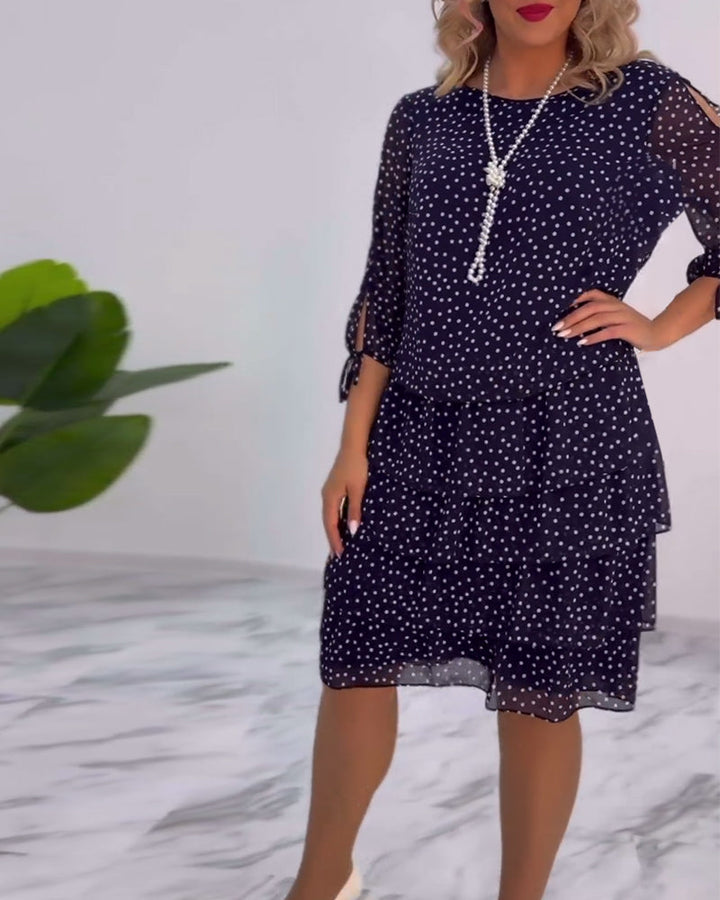 Polka Dot Midi Dress Womens - Tiered Chiffon 3/4 Sleeve Elegance Dotsera - Heston Manor