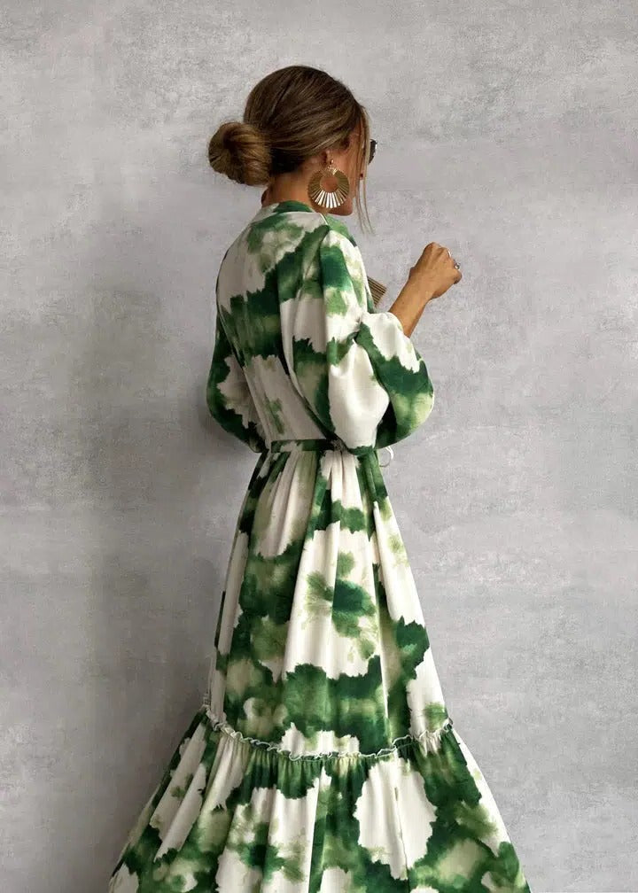 Tie-Dye Maxi Dress Womens - Belted Long Sleeve Tiered Boho Look Elara - Heston Manor