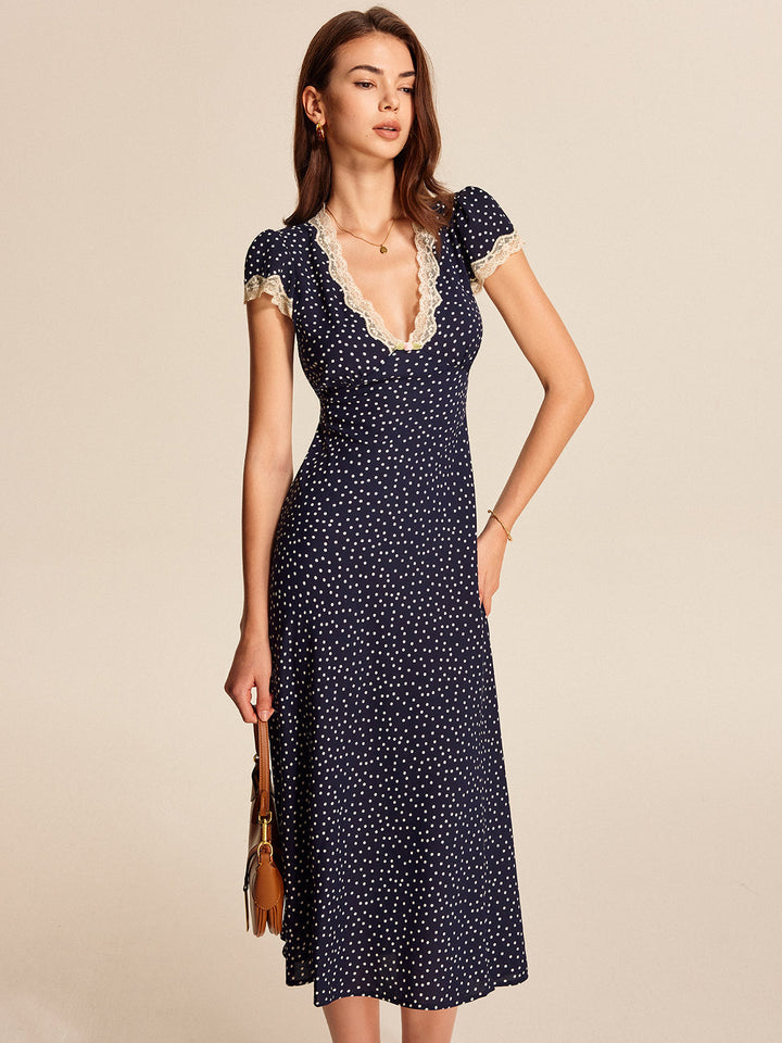 Polka Dot Midi Dress Womens - Lace Trim V-Neck Cap Sleeve Colette - Heston Manor