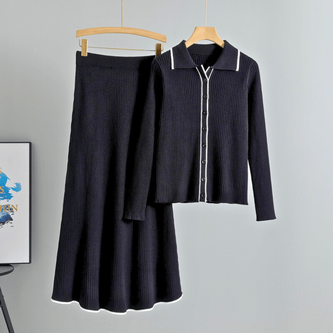 Bellara Soft-Touch Knit Two-Piece Set - Button-Up Top with Contrast Trim - Heston Manor