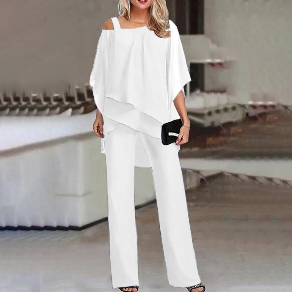 Cold Shoulder Jumpsuit Womens - Chiffon Overlay Wide Leg Elegance Elara - Heston Manor