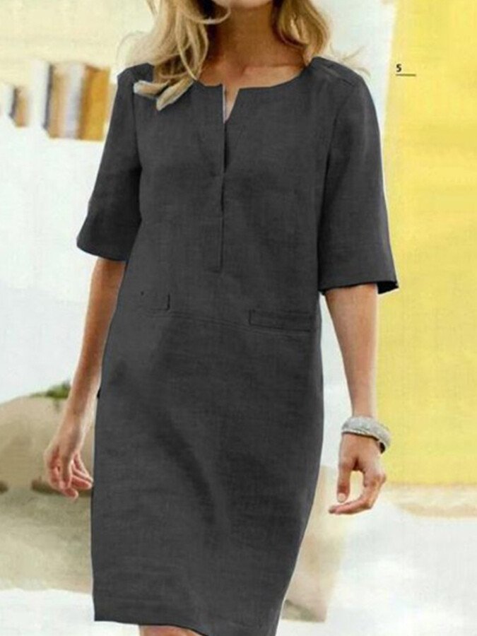 Shift Dress Womens - Relaxed Notched V-Neck Summer Hiberra - Heston Manor