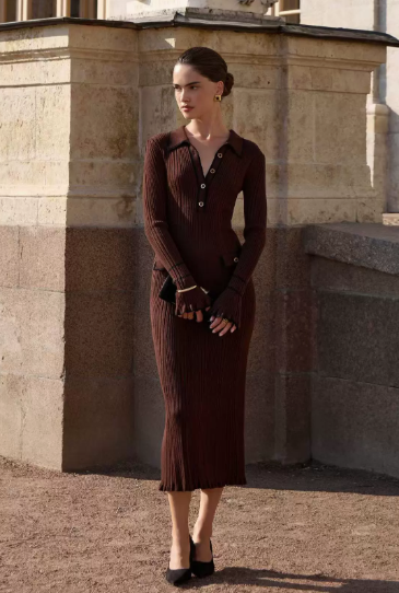 Ribbed Polo Collar Midi Dress Womens - Vintage-Inspired Button Detail Allure Avendale - Heston Manor