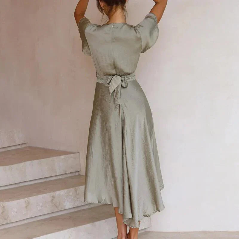 Satin Midi Dress Womens - Deep V-Neck Tie Front Summer Apparel Zyrella - Heston Manor