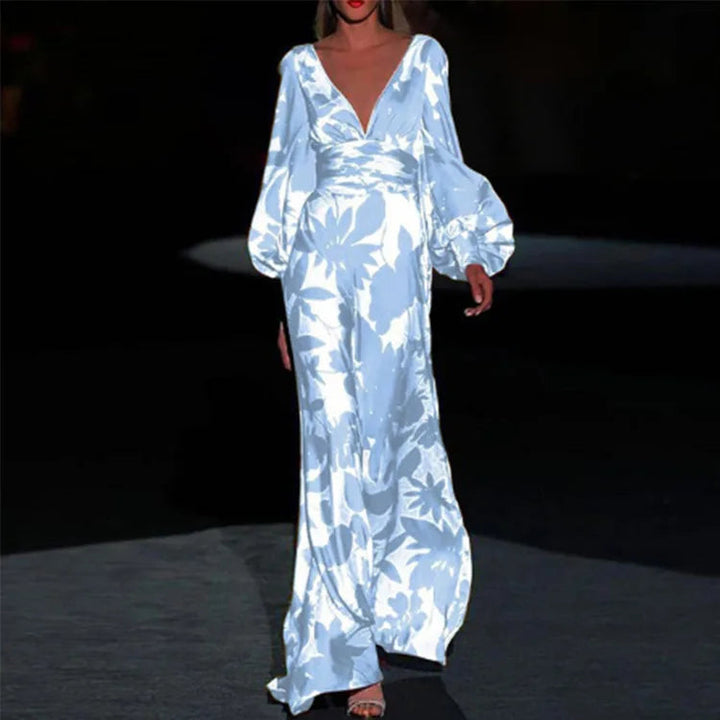 Floral Satin Maxi Dress Womens - V-Neck Puff Sleeve Formal Wear Sestina - Heston Manor