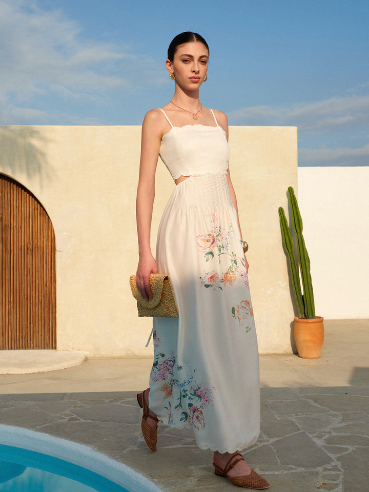 Floral Maxi Dress Womens - Cutout Waist Scallop Hem Sundress Pira - Heston Manor