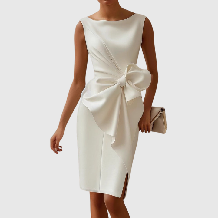 Boat Neck Sleeveless Midi Dress Womens - Sculptural Bow Detail Eloise - Heston Manor