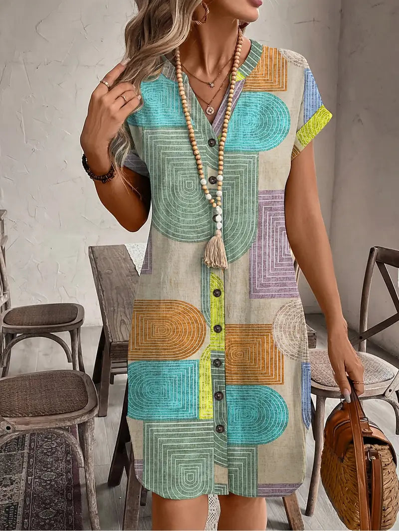 Geometric Print Mini Dress Womens - Button-Front V-Neck Trevalho - Heston Manor