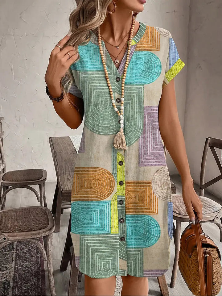 Geometric Print Mini Dress Womens - Button-Front V-Neck Trevalho - Heston Manor