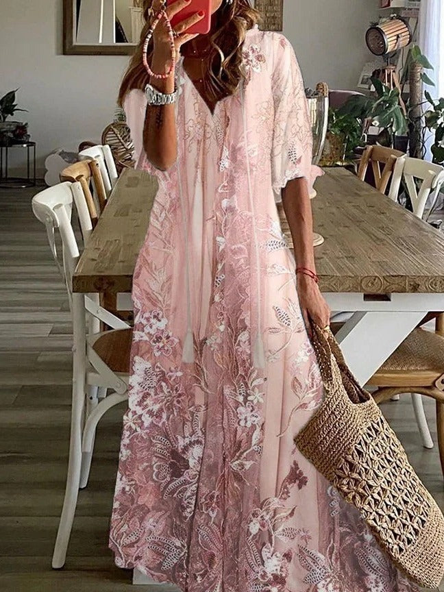Floral Maxi Dress Womens - Lace-Inspired V-Neck Rosalie - Heston Manor