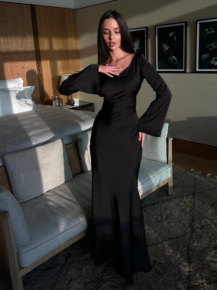 Satin Maxi Dress Womens - Formal Long Sleeve Gown Seraphina - Heston Manor